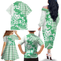 Green Palaka Hawaiian And Japanese Family Matching Off The Shoulder Long Sleeve Dress and Hawaiian Shirt Maneki Neko And Sakura Bloom DT05 - Polynesian Pride