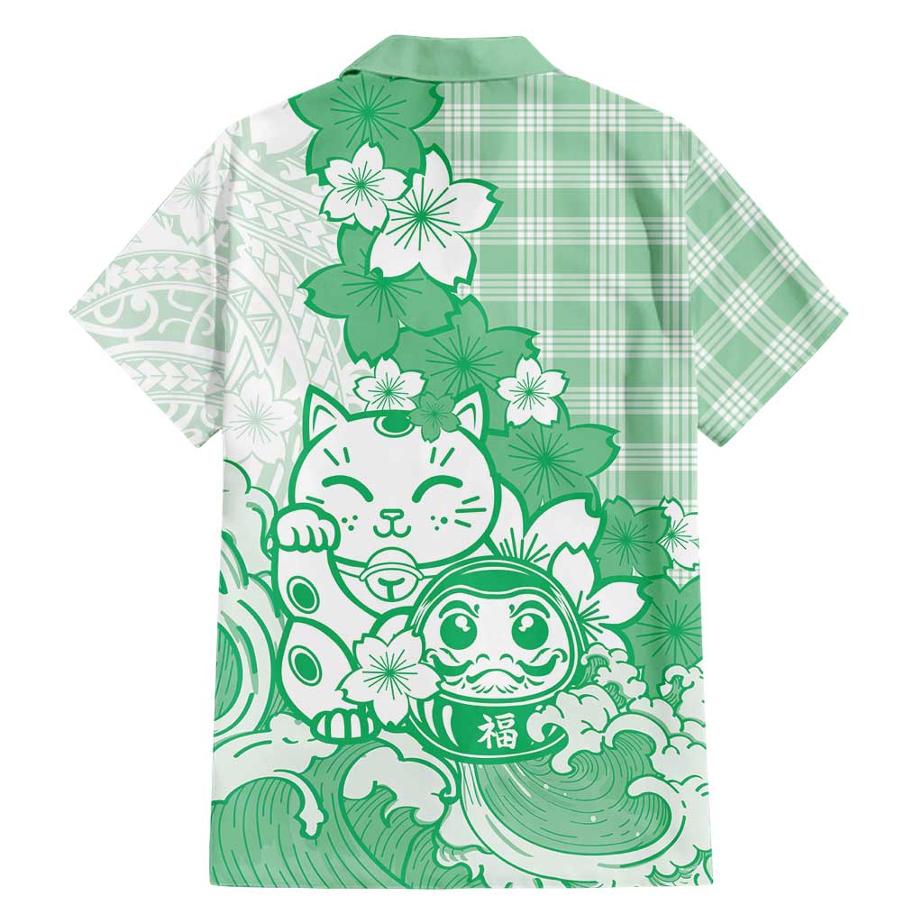 Green Palaka Hawaiian And Japanese Family Matching Off The Shoulder Long Sleeve Dress and Hawaiian Shirt Maneki Neko And Sakura Bloom DT05 - Polynesian Pride