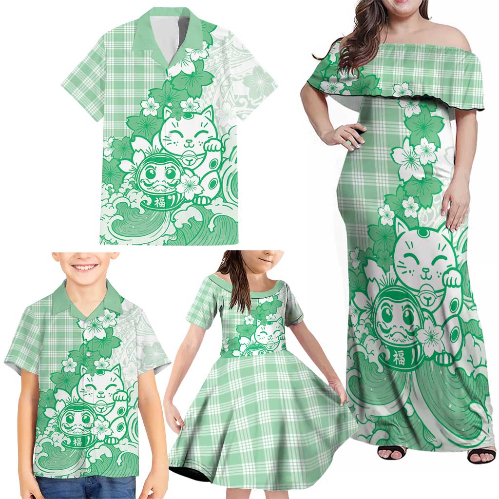Green Palaka Hawaiian And Japanese Family Matching Off Shoulder Maxi Dress and Hawaiian Shirt Maneki Neko And Sakura Bloom