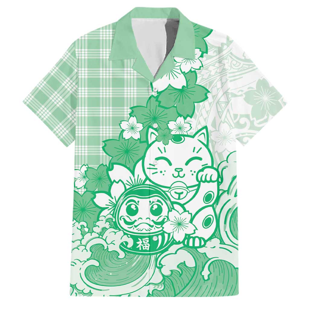 Green Palaka Hawaiian And Japanese Family Matching Off Shoulder Maxi Dress and Hawaiian Shirt Maneki Neko And Sakura Bloom DT05 Dad's Shirt - Short Sleeve Green - Polynesian Pride