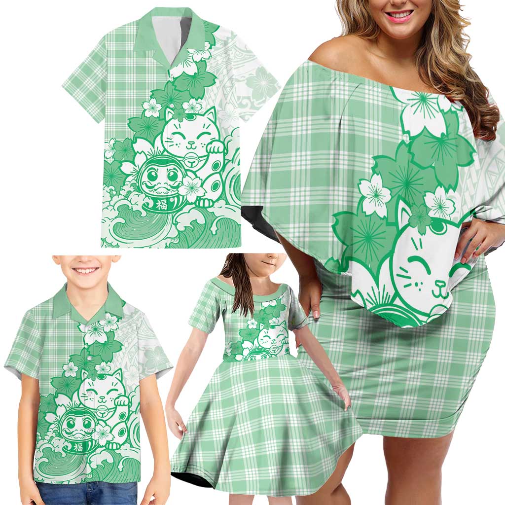 Green Palaka Hawaiian And Japanese Family Matching Off Shoulder Short Dress and Hawaiian Shirt Maneki Neko And Sakura Bloom DT05 - Polynesian Pride