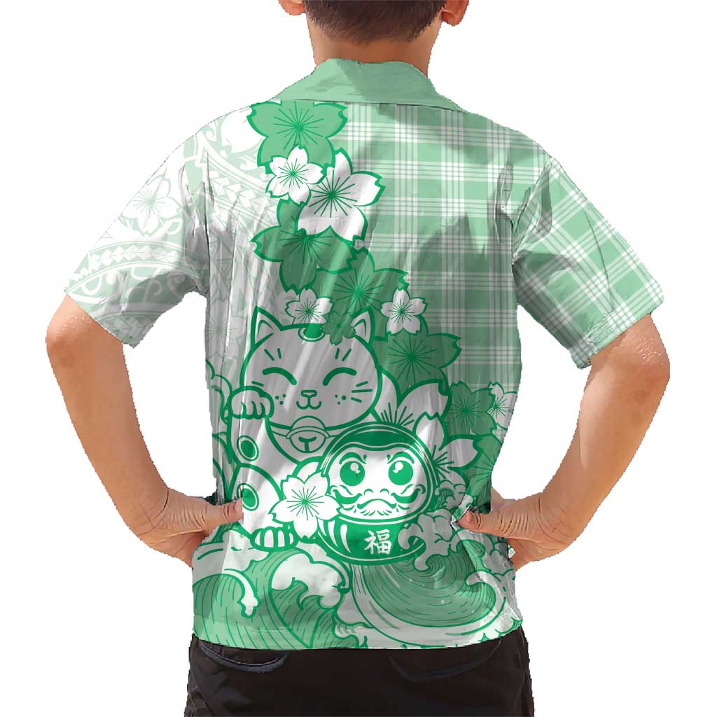 Green Palaka Hawaiian And Japanese Family Matching Puletasi and Hawaiian Shirt Maneki Neko And Sakura Bloom DT05 - Polynesian Pride