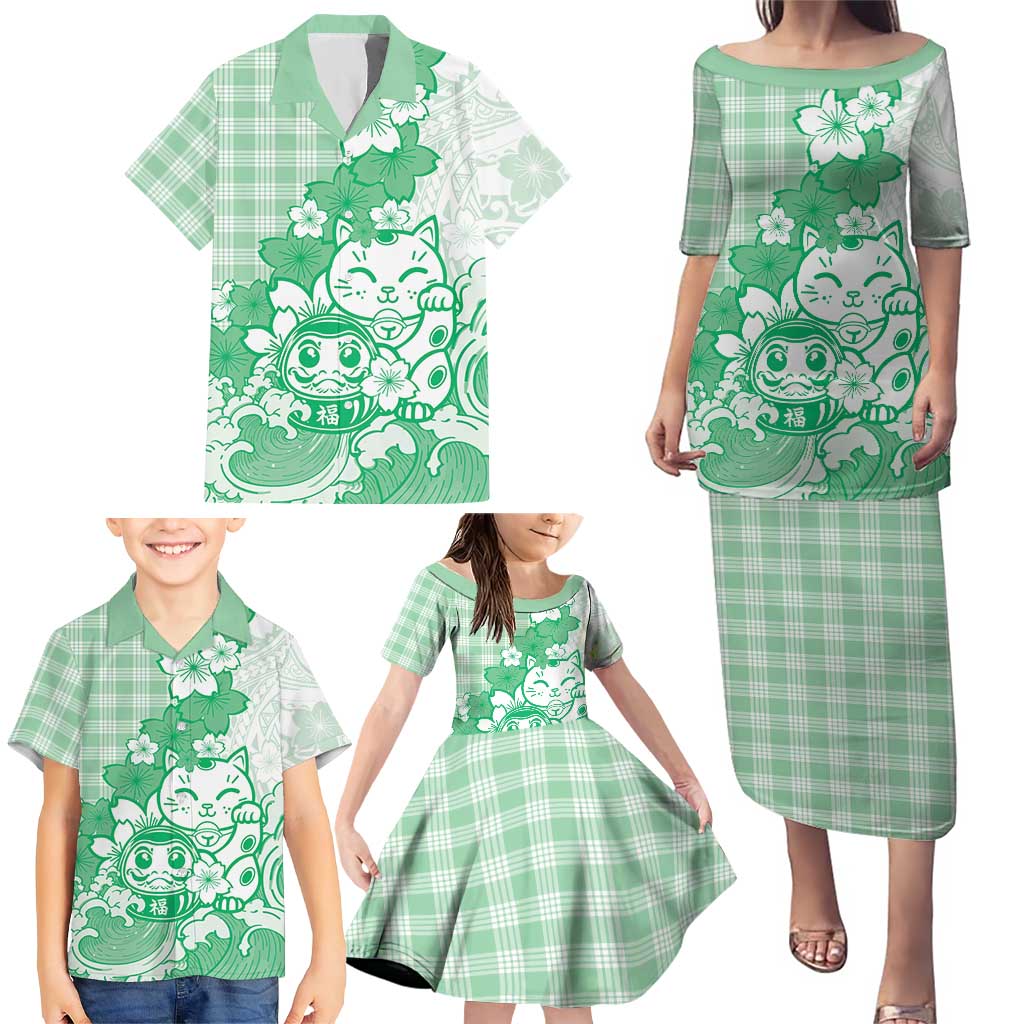 Green Palaka Hawaiian And Japanese Family Matching Puletasi and Hawaiian Shirt Maneki Neko And Sakura Bloom DT05 - Polynesian Pride