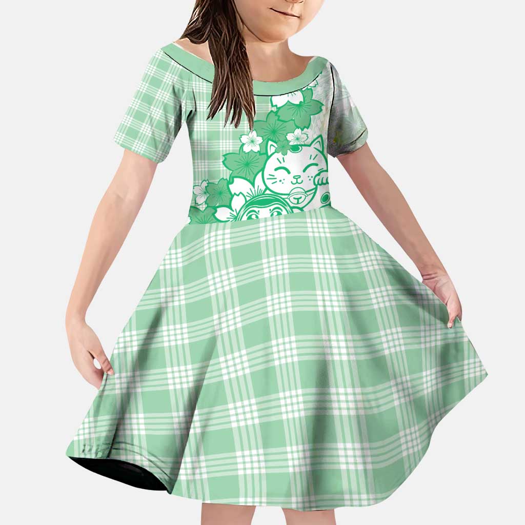 Green Palaka Hawaiian And Japanese Family Matching Short Sleeve Bodycon Dress and Hawaiian Shirt Maneki Neko And Sakura Bloom DT05 Daughter's Dress Green - Polynesian Pride