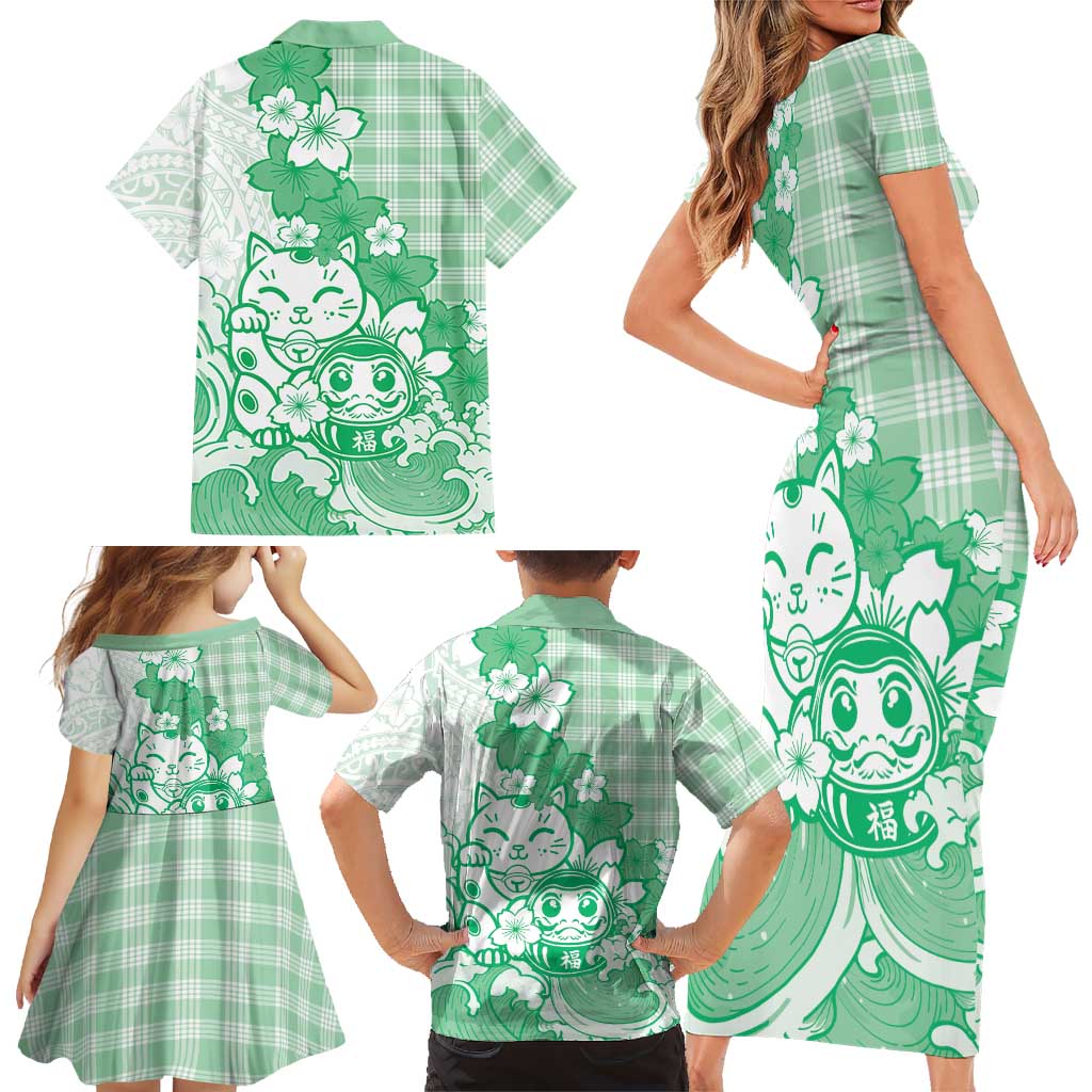 Green Palaka Hawaiian And Japanese Family Matching Short Sleeve Bodycon Dress and Hawaiian Shirt Maneki Neko And Sakura Bloom DT05 - Polynesian Pride
