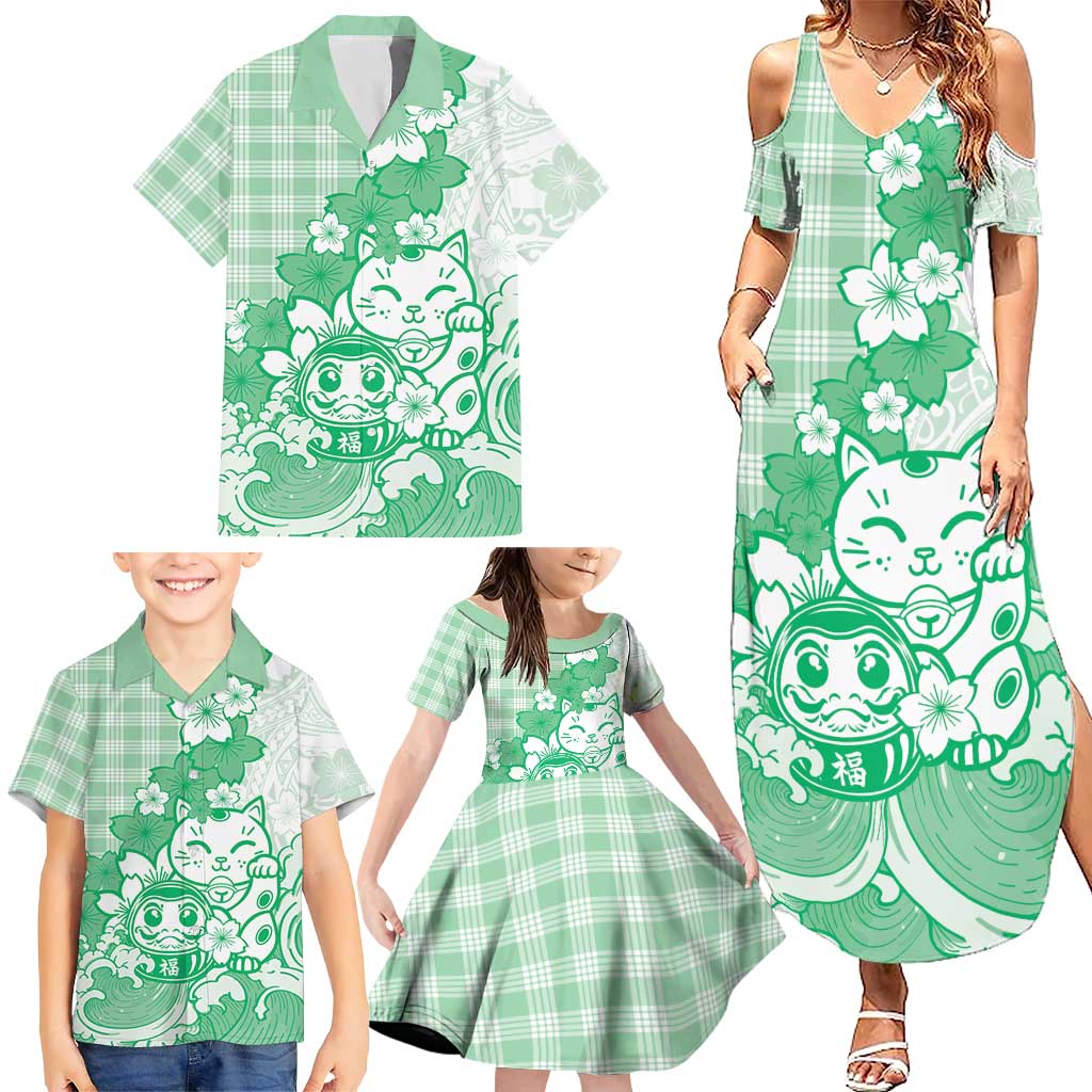 Green Palaka Hawaiian And Japanese Family Matching Summer Maxi Dress and Hawaiian Shirt Maneki Neko And Sakura Bloom