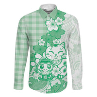 Green Palaka Hawaiian And Japanese Family Matching Summer Maxi Dress and Hawaiian Shirt Maneki Neko And Sakura Bloom DT05 Dad's Shirt - Long Sleeve Green - Polynesian Pride