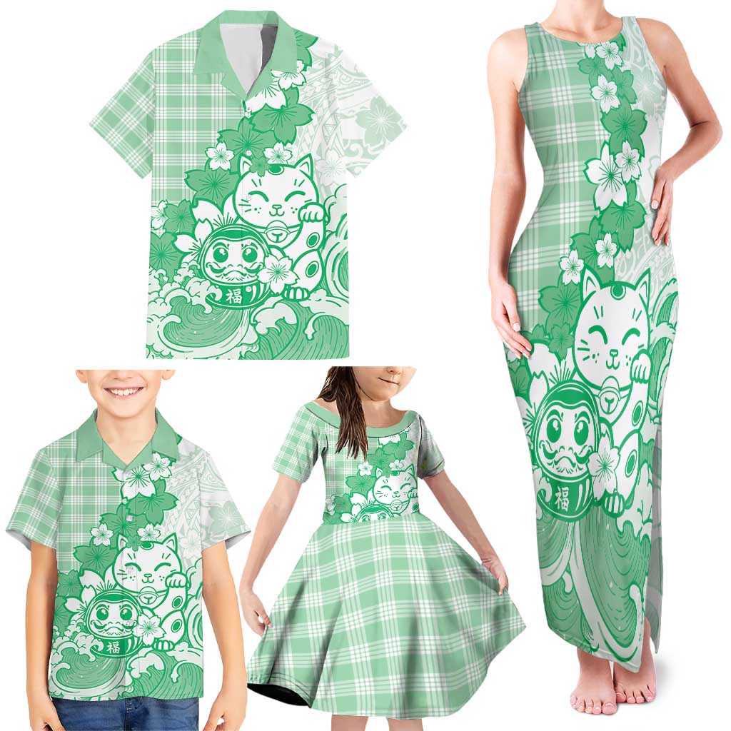 Green Palaka Hawaiian And Japanese Family Matching Tank Maxi Dress and Hawaiian Shirt Maneki Neko And Sakura Bloom DT05 - Polynesian Pride