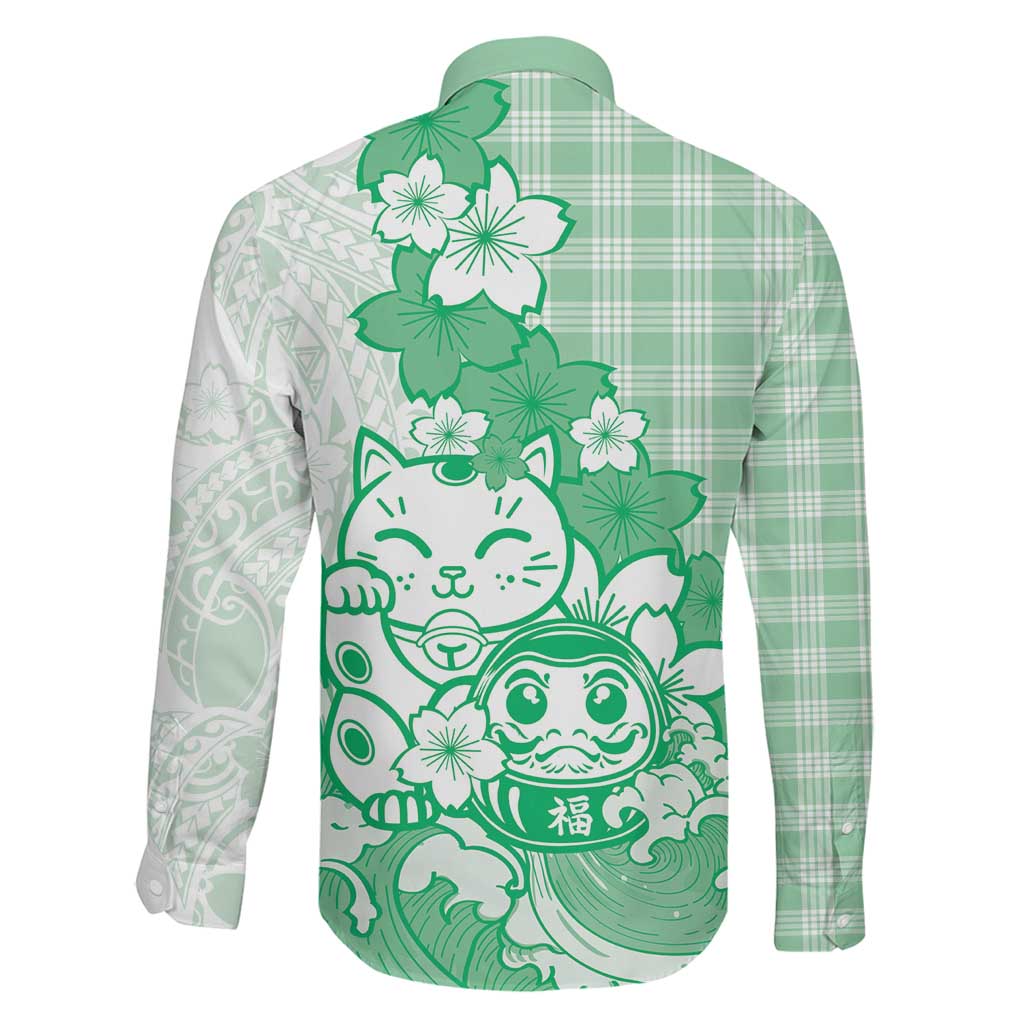 Green Palaka Hawaiian And Japanese Family Matching Tank Maxi Dress and Hawaiian Shirt Maneki Neko And Sakura Bloom DT05 - Polynesian Pride