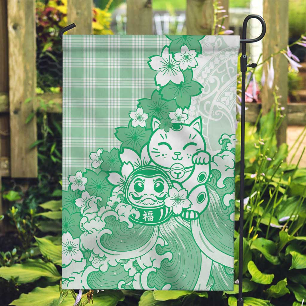 Green Palaka Hawaiian And Japanese Garden Flag Maneki Neko And Sakura Bloom