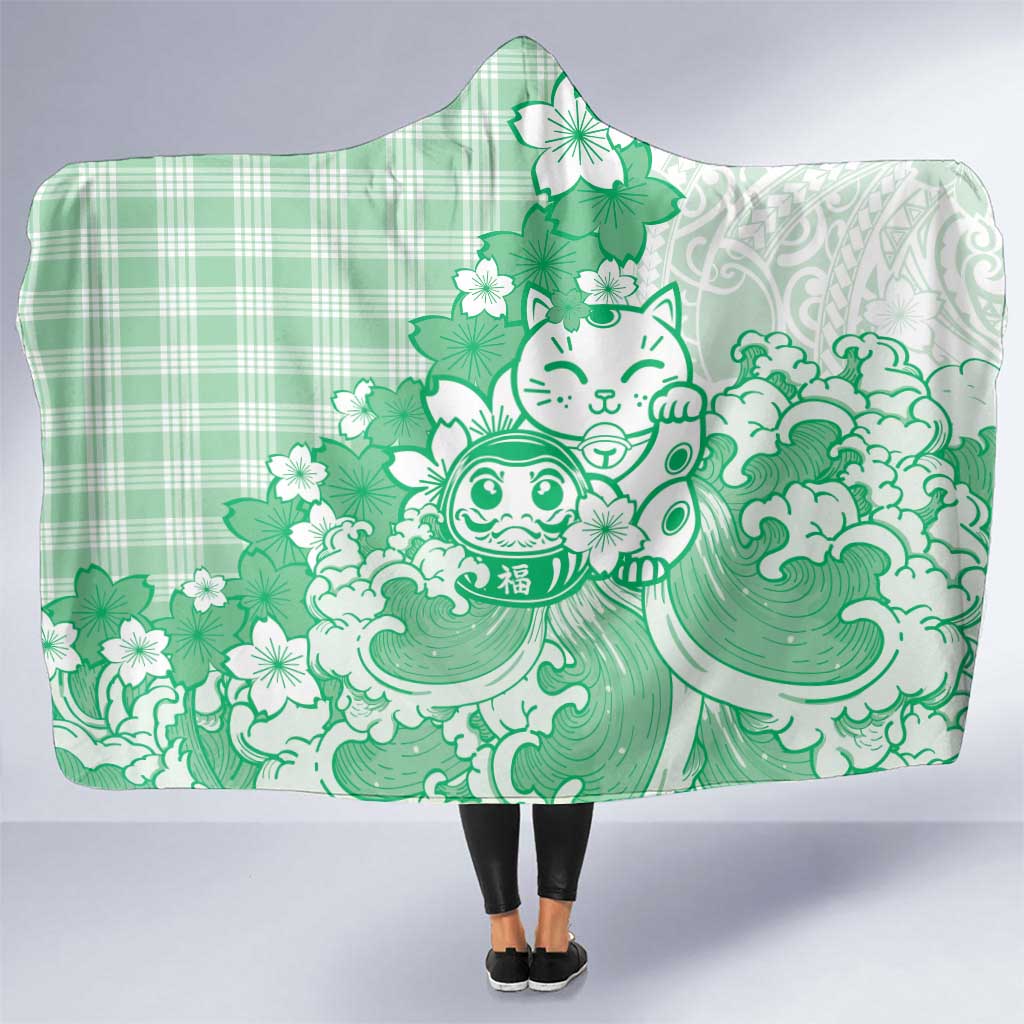 Green Palaka Hawaiian And Japanese Hooded Blanket Maneki Neko And Sakura Bloom