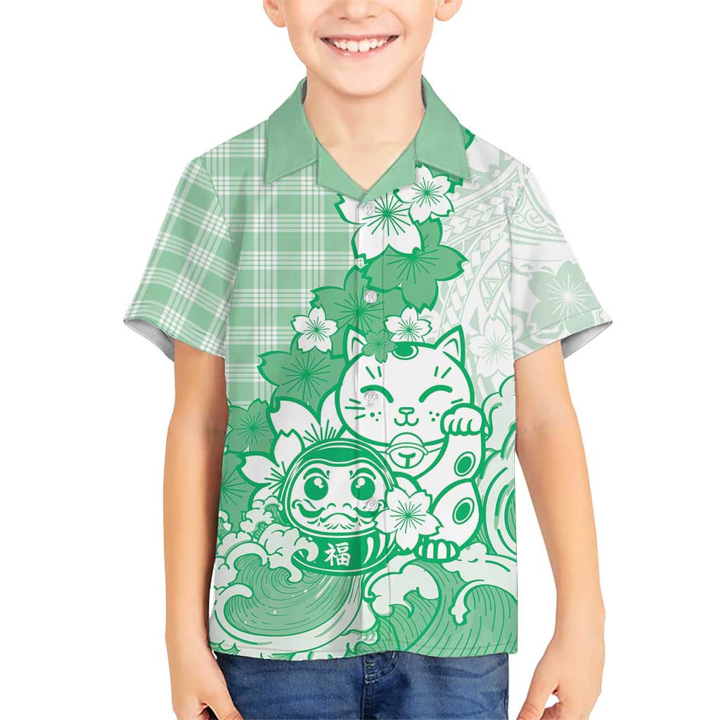 Green Palaka Hawaiian And Japanese Kid Hawaiian Shirt Maneki Neko And Sakura Bloom DT05 Kid Green - Polynesian Pride