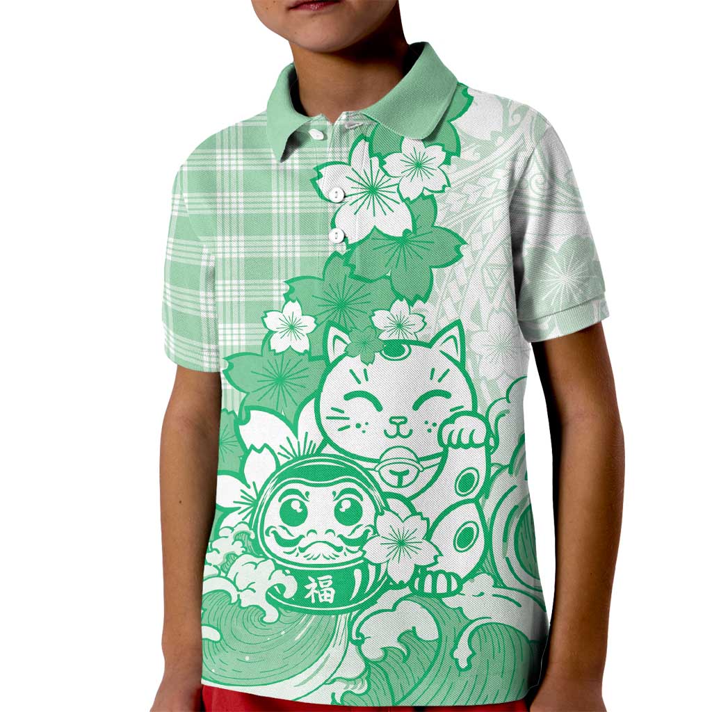 Green Palaka Hawaiian And Japanese Kid Polo Shirt Maneki Neko And Sakura Bloom