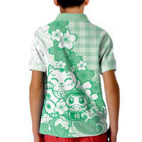 Green Palaka Hawaiian And Japanese Kid Polo Shirt Maneki Neko And Sakura Bloom