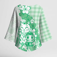 Green Palaka Hawaiian And Japanese Kimono Sleeve Blouse Maneki Neko And Sakura Bloom