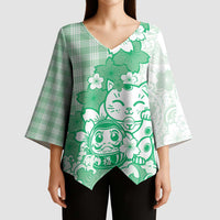 Green Palaka Hawaiian And Japanese Kimono Sleeve Blouse Maneki Neko And Sakura Bloom