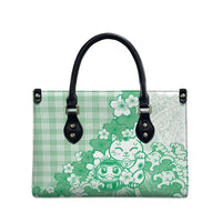 Green Palaka Hawaiian And Japanese Leather Bag Maneki Neko And Sakura Bloom