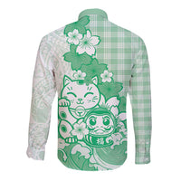 Green Palaka Hawaiian And Japanese Long Sleeve Button Shirt Maneki Neko And Sakura Bloom