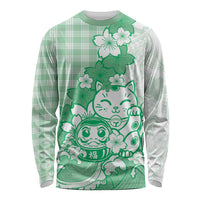 Green Palaka Hawaiian And Japanese Long Sleeve Shirt Maneki Neko And Sakura Bloom