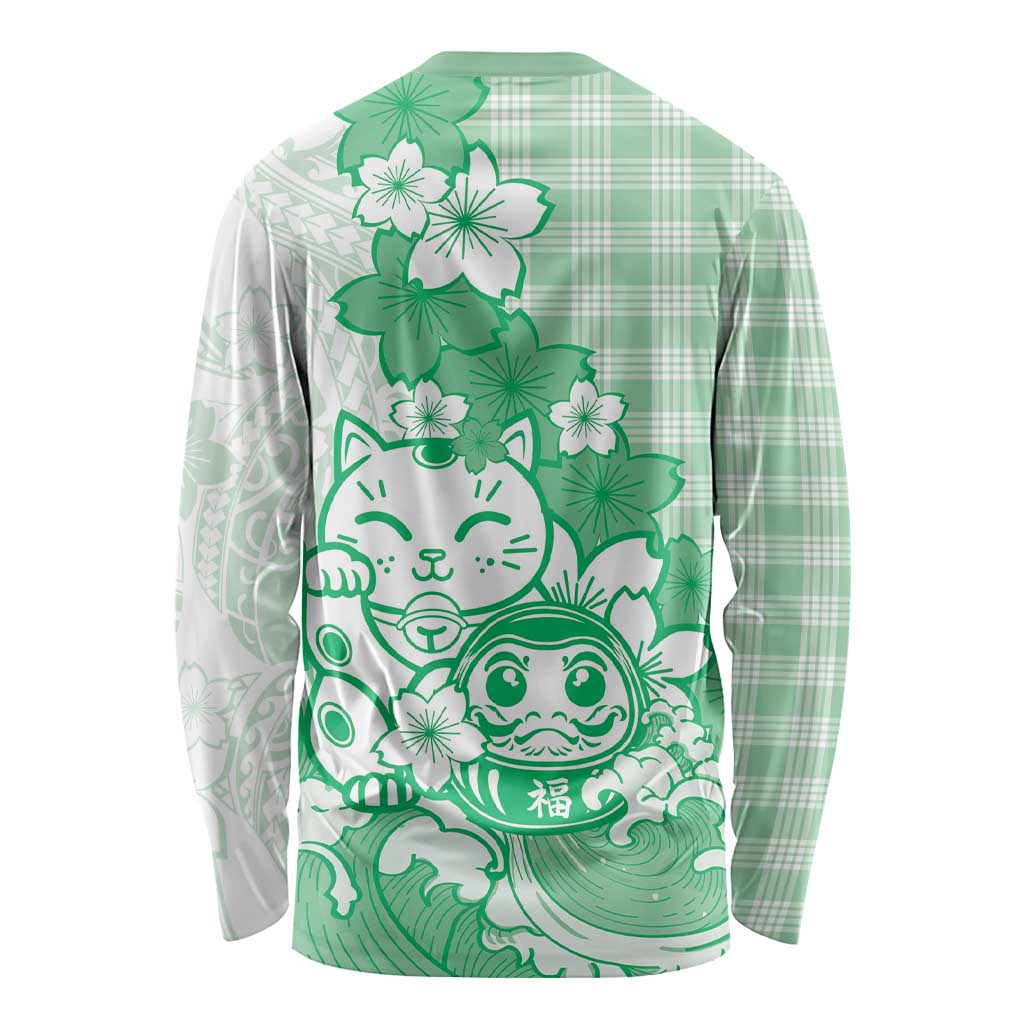 Green Palaka Hawaiian And Japanese Long Sleeve Shirt Maneki Neko And Sakura Bloom