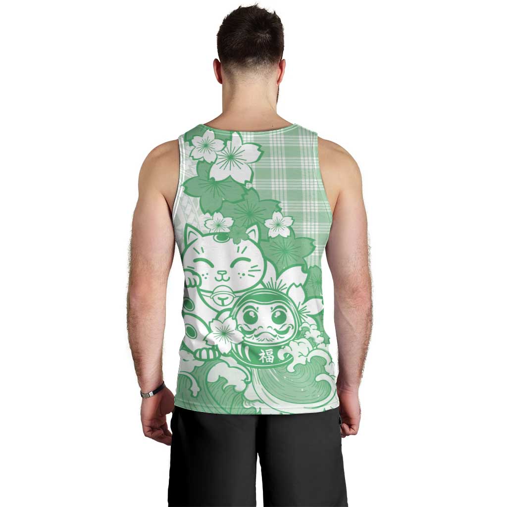 Green Palaka Hawaiian And Japanese Men Tank Top Maneki Neko And Sakura Bloom