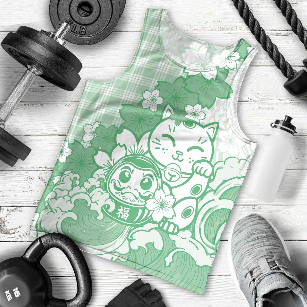 Green Palaka Hawaiian And Japanese Men Tank Top Maneki Neko And Sakura Bloom