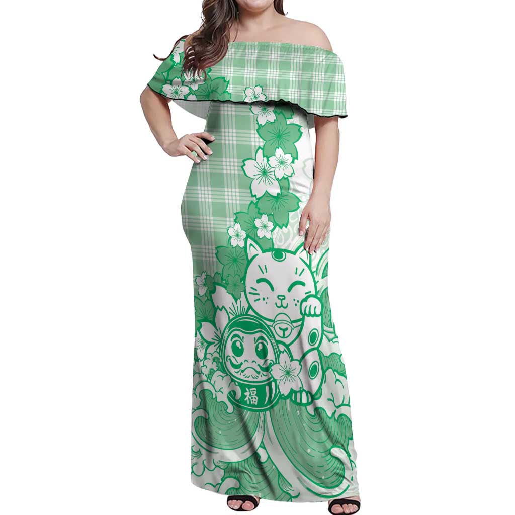 Green Palaka Hawaiian And Japanese Off Shoulder Maxi Dress Maneki Neko And Sakura Bloom