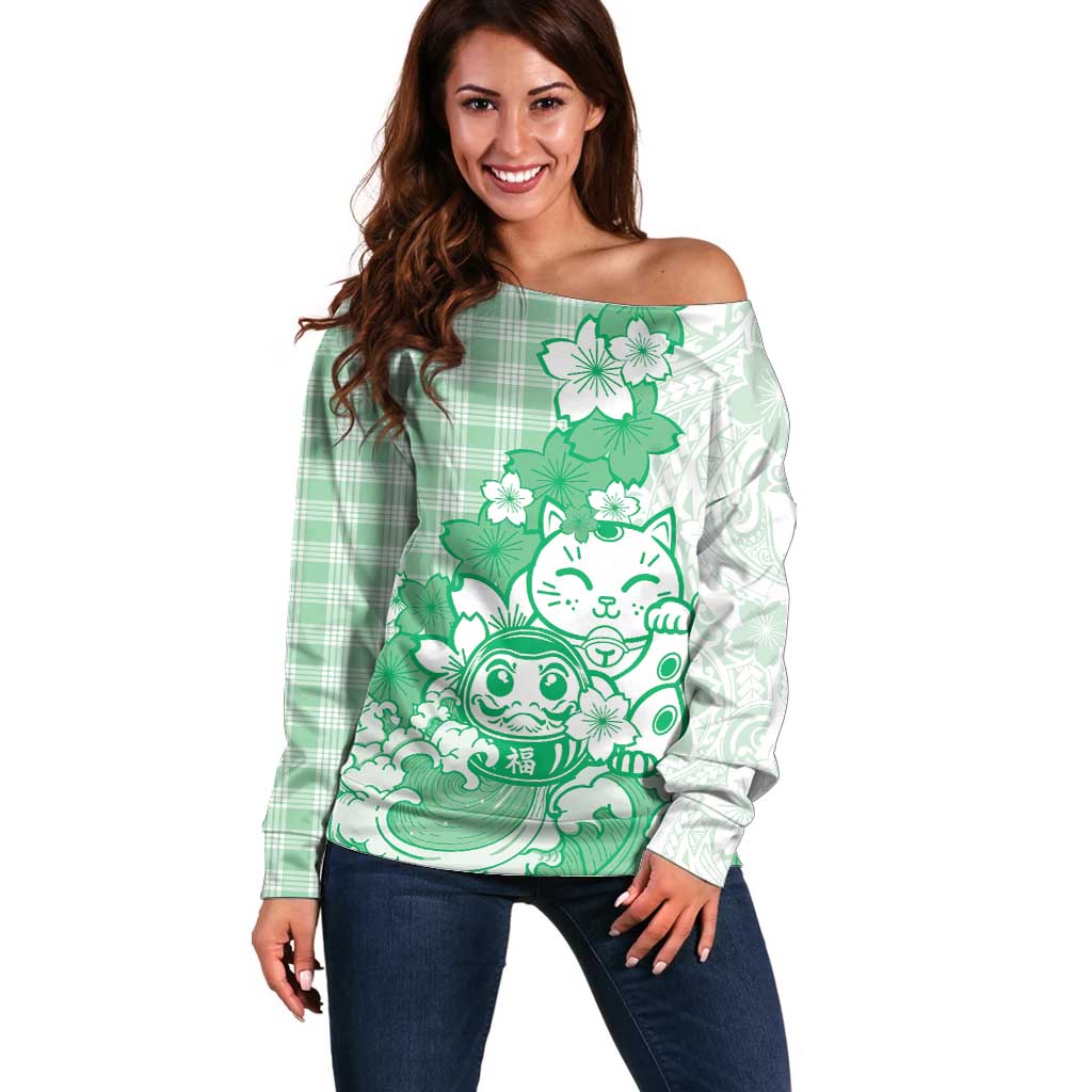 Green Palaka Hawaiian And Japanese Off Shoulder Sweater Maneki Neko And Sakura Bloom