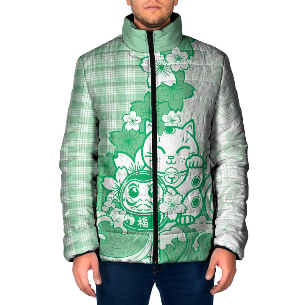 Green Palaka Hawaiian And Japanese Padded Jacket Maneki Neko And Sakura Bloom