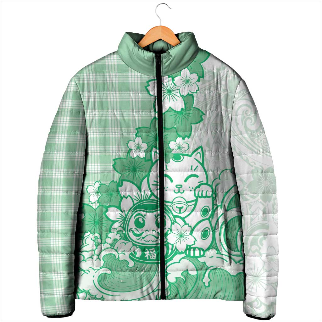 Green Palaka Hawaiian And Japanese Padded Jacket Maneki Neko And Sakura Bloom