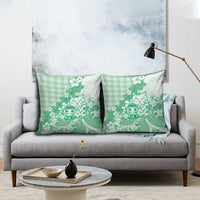 Green Palaka Hawaiian And Japanese Pillow Cover Maneki Neko And Sakura Bloom