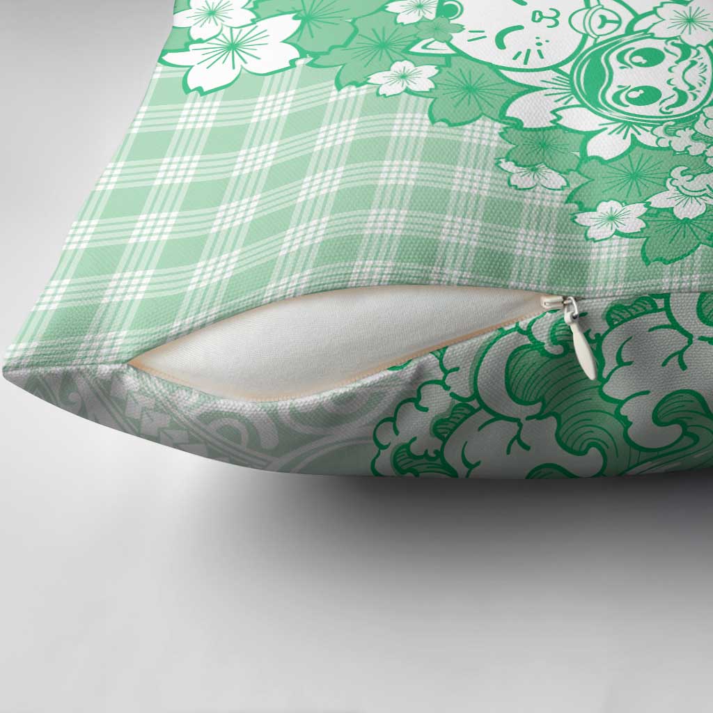 Green Palaka Hawaiian And Japanese Pillow Cover Maneki Neko And Sakura Bloom