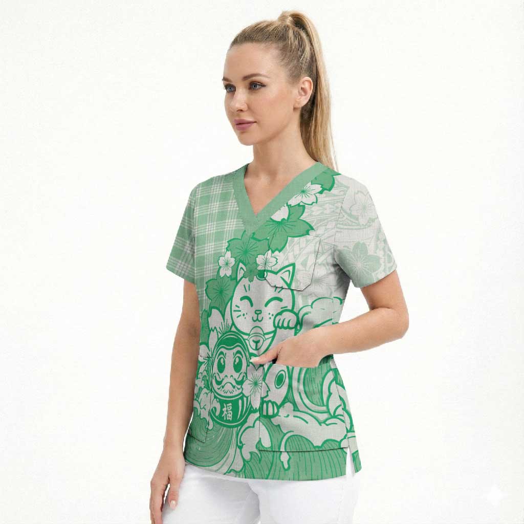 Green Palaka Hawaiian And Japanese Scrub Top Maneki Neko And Sakura Bloom
