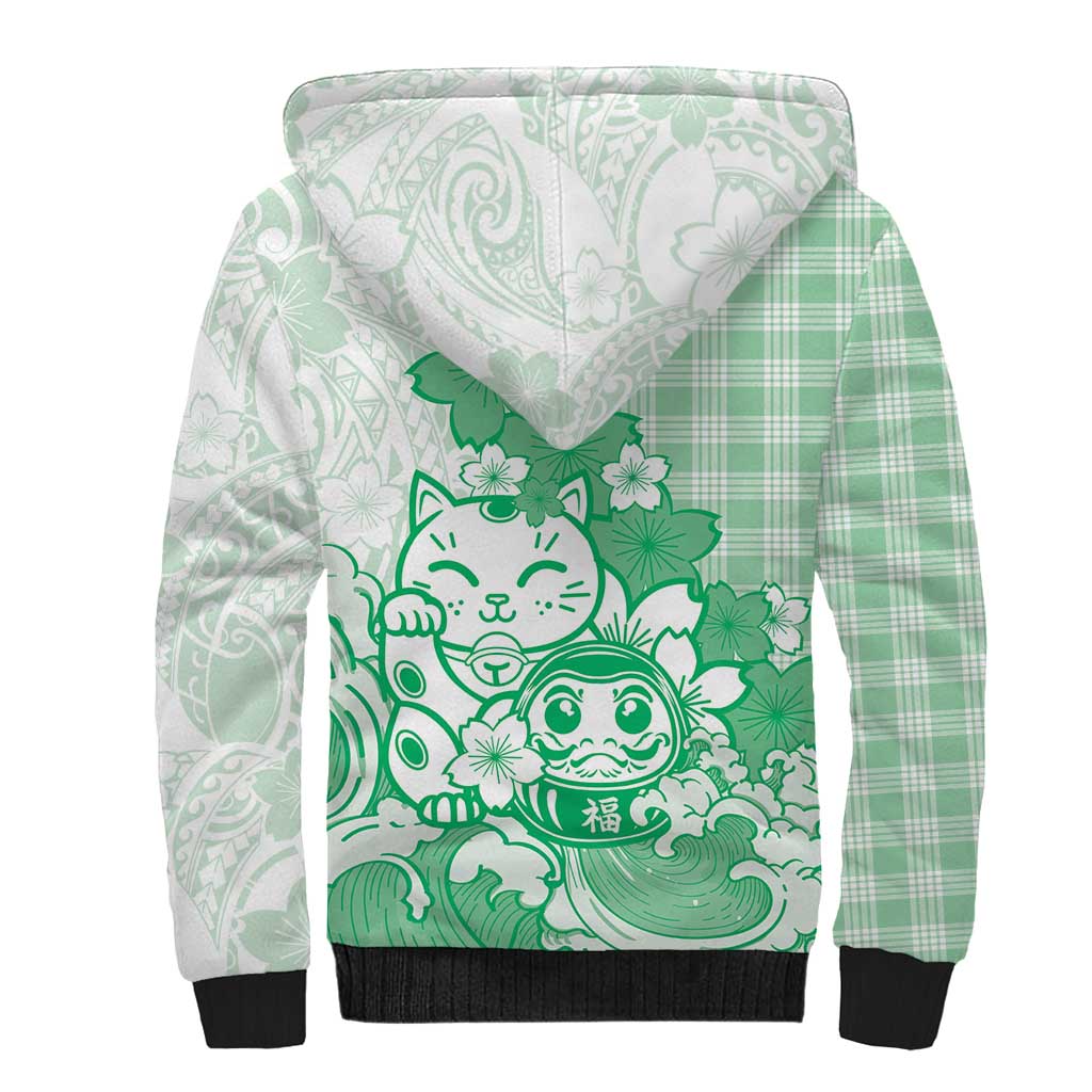 Green Palaka Hawaiian And Japanese Sherpa Hoodie Maneki Neko And Sakura Bloom DT05 - Polynesian Pride
