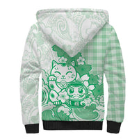 Green Palaka Hawaiian And Japanese Sherpa Hoodie Maneki Neko And Sakura Bloom DT05 - Polynesian Pride