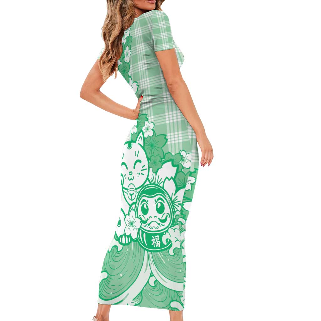 Green Palaka Hawaiian And Japanese Short Sleeve Bodycon Dress Maneki Neko And Sakura Bloom DT05 - Polynesian Pride