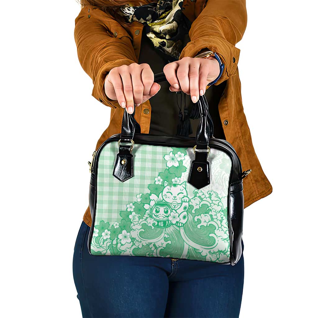 Green Palaka Hawaiian And Japanese Shoulder Handbag Maneki Neko And Sakura Bloom