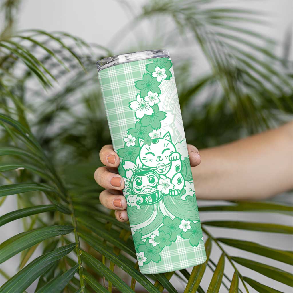 Green Palaka Hawaiian And Japanese Skinny Tumbler Maneki Neko And Sakura Bloom DT05 - Polynesian Pride