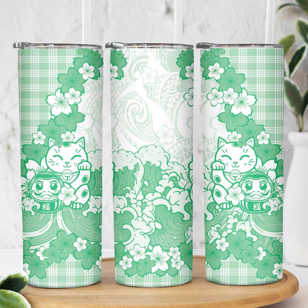 Green Palaka Hawaiian And Japanese Skinny Tumbler Maneki Neko And Sakura Bloom DT05 - Polynesian Pride