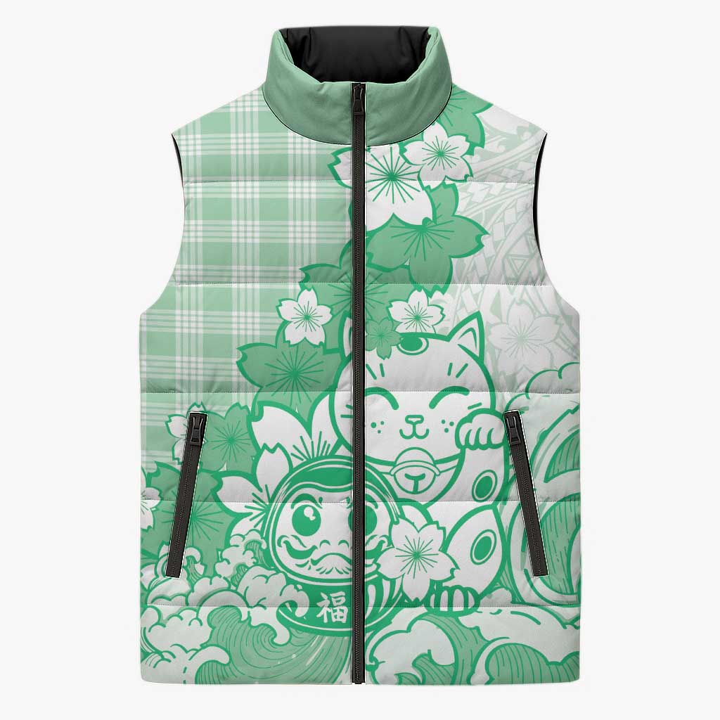 Green Palaka Hawaiian And Japanese Sleeveless Puffer Jacket Maneki Neko And Sakura Bloom