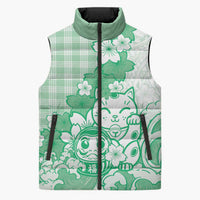 Green Palaka Hawaiian And Japanese Sleeveless Puffer Jacket Maneki Neko And Sakura Bloom