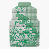 Green Palaka Hawaiian And Japanese Sleeveless Puffer Jacket Maneki Neko And Sakura Bloom