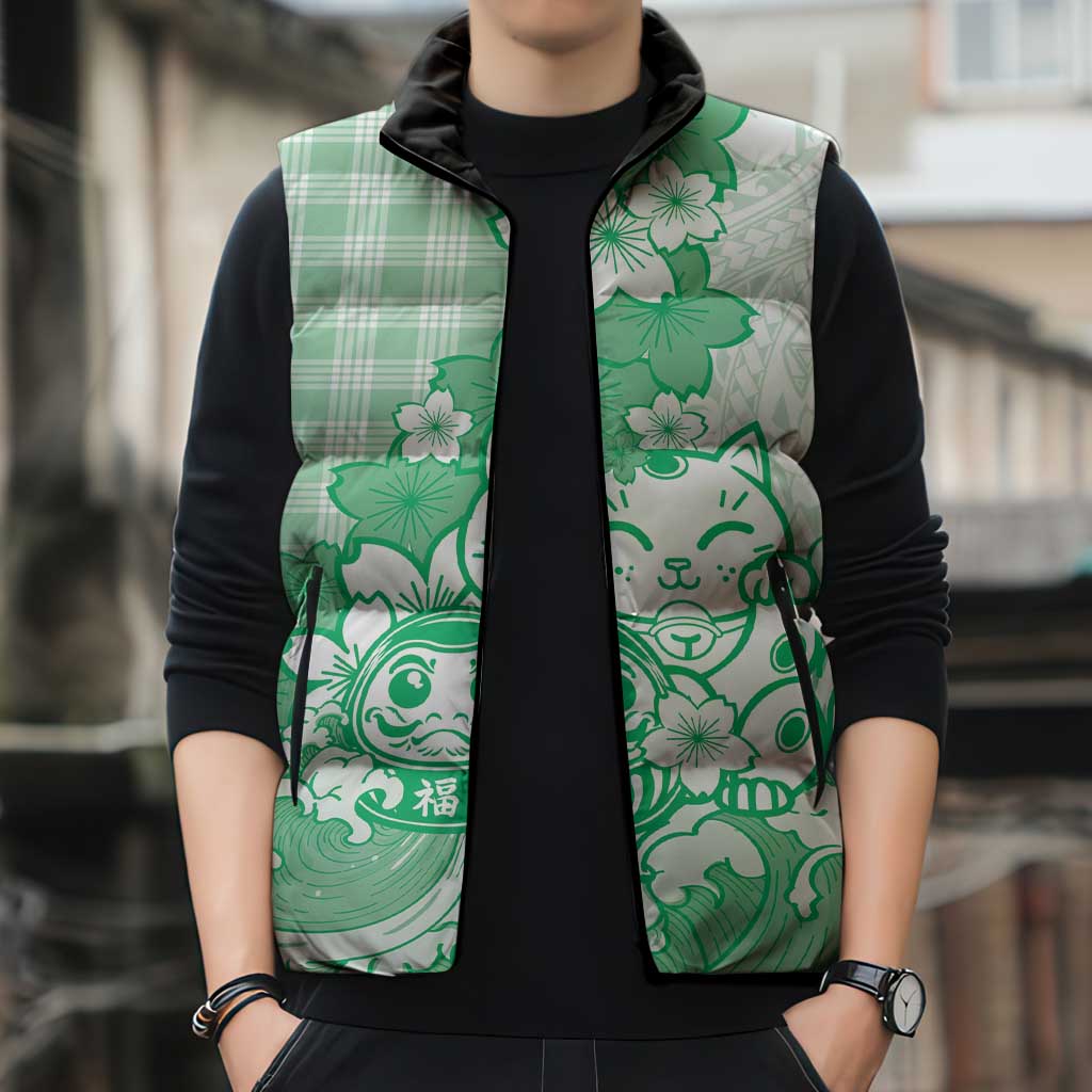 Green Palaka Hawaiian And Japanese Sleeveless Puffer Jacket Maneki Neko And Sakura Bloom