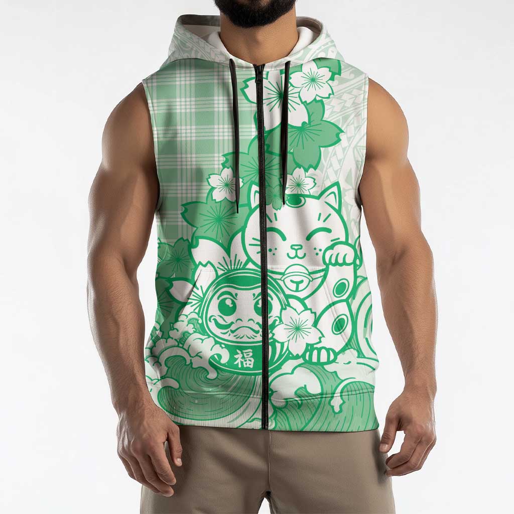 Green Palaka Hawaiian And Japanese Sleeveless Zip Hoodie Maneki Neko And Sakura Bloom