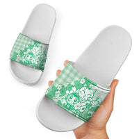 Green Palaka Hawaiian And Japanese Slide Sandals Maneki Neko And Sakura Bloom