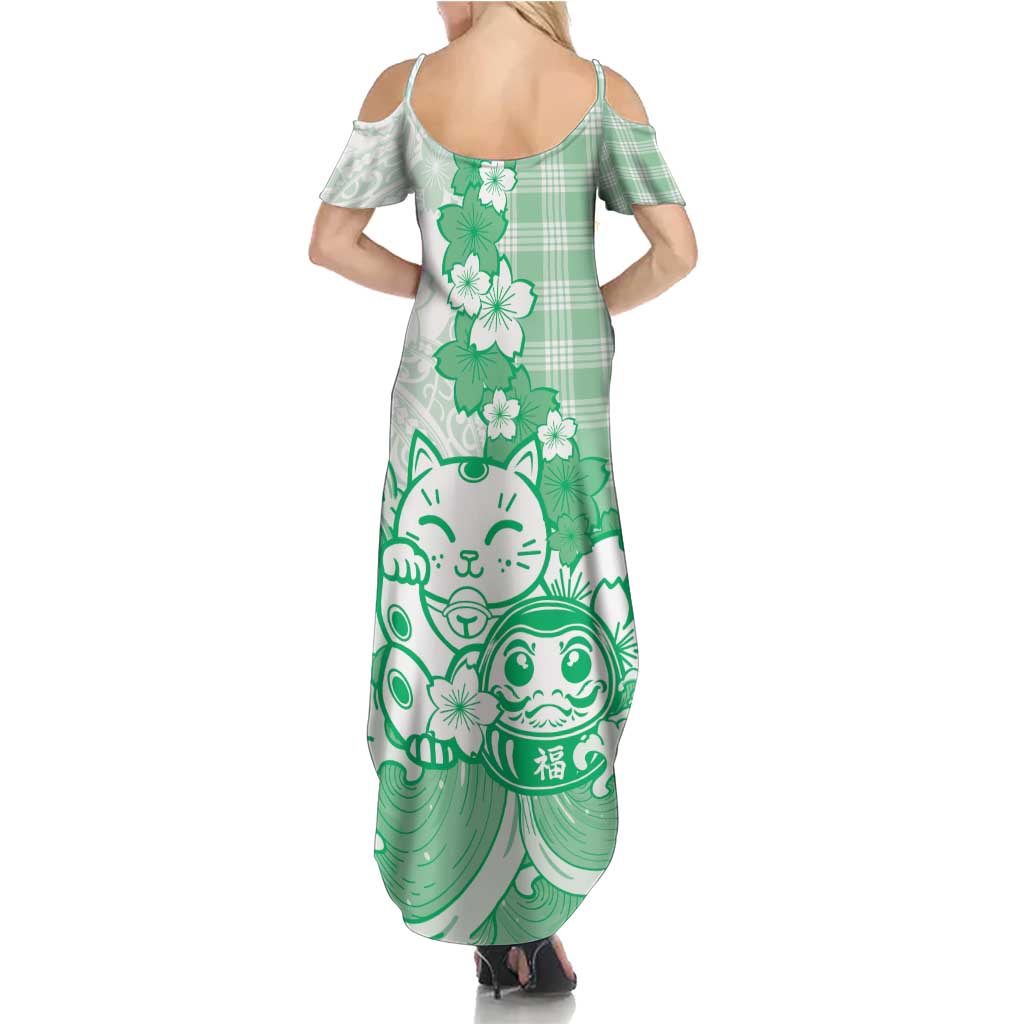 Green Palaka Hawaiian And Japanese Summer Maxi Dress Maneki Neko And Sakura Bloom