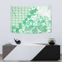 Green Palaka Hawaiian And Japanese Tapestry Maneki Neko And Sakura Bloom