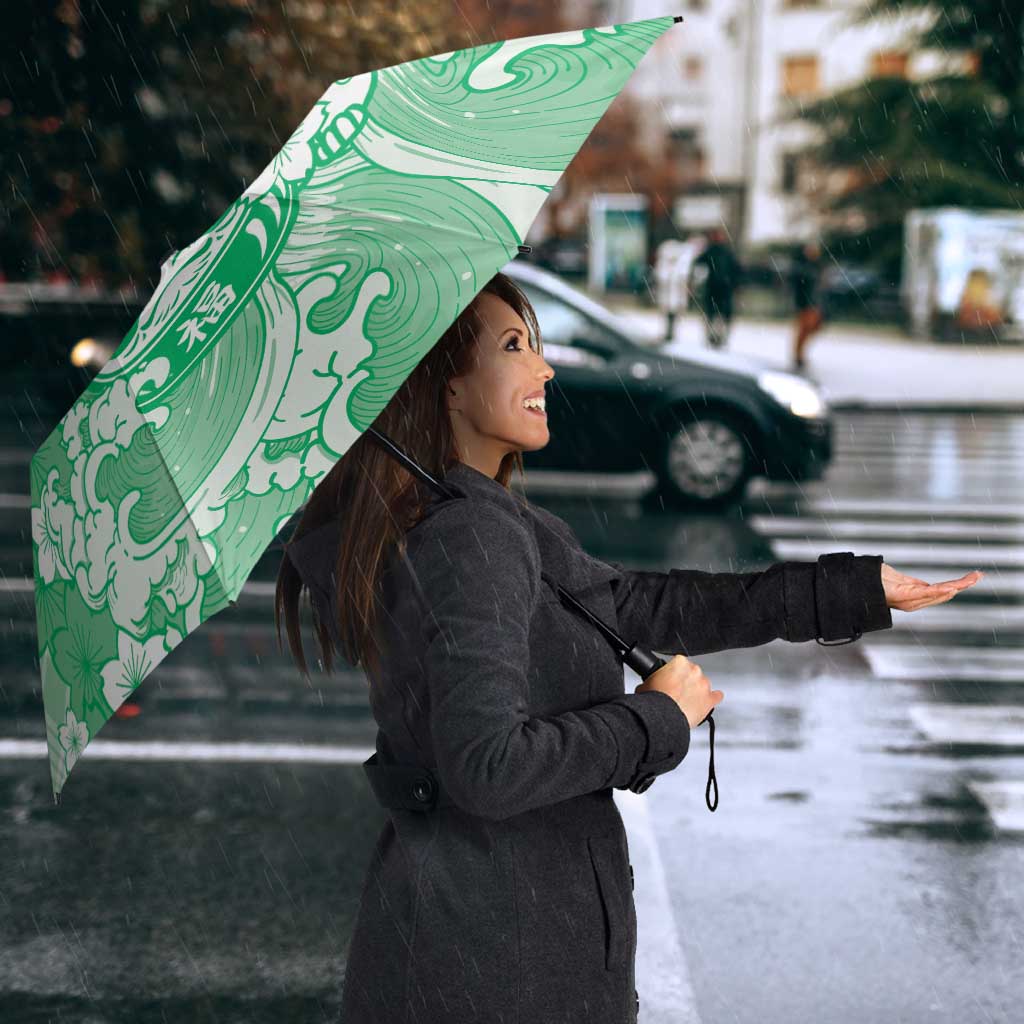 Green Palaka Hawaiian And Japanese Umbrella Maneki Neko And Sakura Bloom