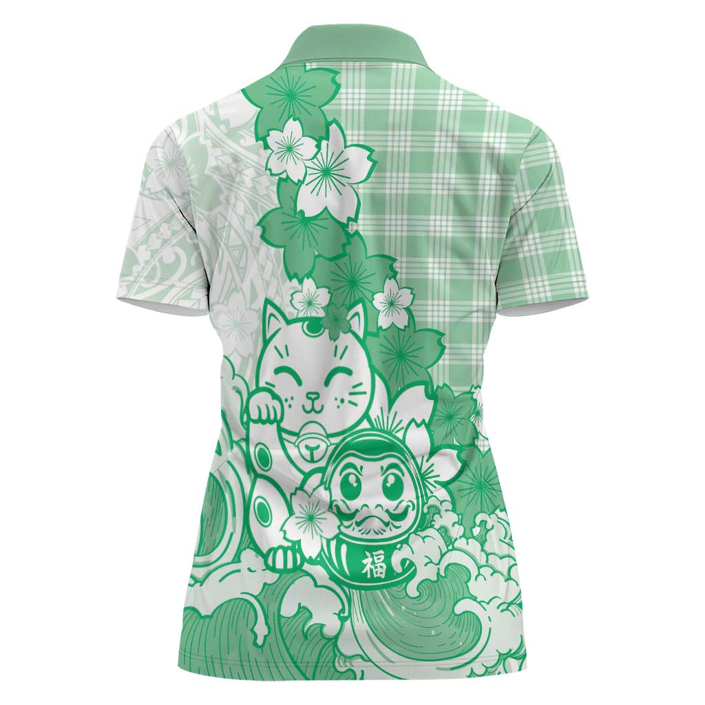Green Palaka Hawaiian And Japanese Women Polo Shirt Maneki Neko And Sakura Bloom DT05 - Polynesian Pride