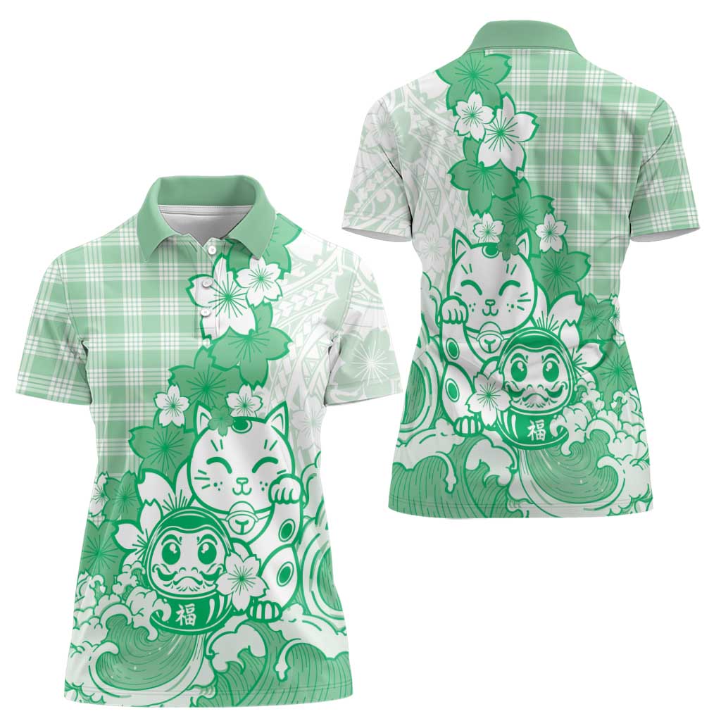 Green Palaka Hawaiian And Japanese Women Polo Shirt Maneki Neko And Sakura Bloom DT05 - Polynesian Pride